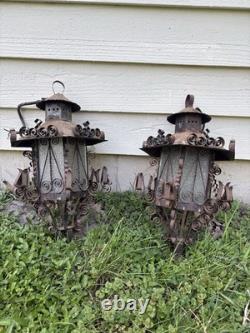 Pair Of Vintage Ornate Gothic Style Scrolled Wall Mount Lanterns
