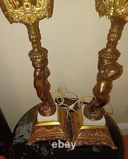 Pair Vintage Antique Brass Cherub Marble Base lamps. Great Working condition