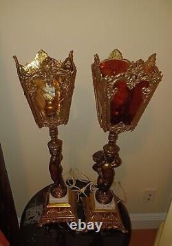 Pair Vintage Antique Brass Cherub Marble Base lamps. Great Working condition