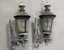 Pair Vintage Architectural French Municipal-Style Cast Iron Wall Lanterns Sconce