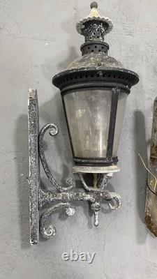 Pair Vintage Architectural French Municipal-Style Cast Iron Wall Lanterns Sconce