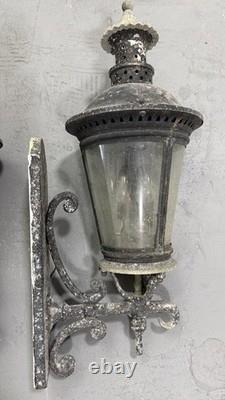 Pair Vintage Architectural French Municipal-Style Cast Iron Wall Lanterns Sconce