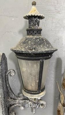 Pair Vintage Architectural French Municipal-Style Cast Iron Wall Lanterns Sconce