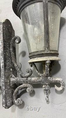 Pair Vintage Architectural French Municipal-Style Cast Iron Wall Lanterns Sconce