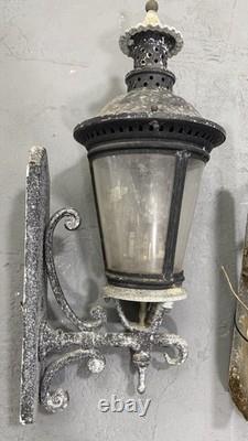 Pair Vintage Architectural French Municipal-Style Cast Iron Wall Lanterns Sconce