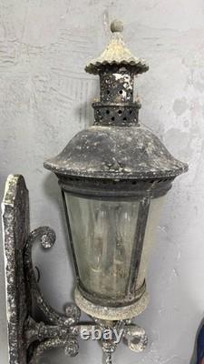Pair Vintage Architectural French Municipal-Style Cast Iron Wall Lanterns Sconce