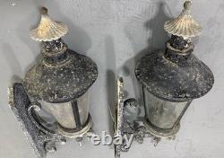 Pair Vintage Architectural French Municipal-Style Cast Iron Wall Lanterns Sconce