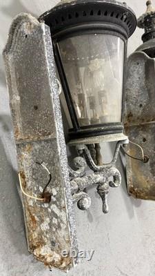 Pair Vintage Architectural French Municipal-Style Cast Iron Wall Lanterns Sconce Pair Vintage Architectural French Municipal-Style Cast Iron Wall Lanterns Sconce