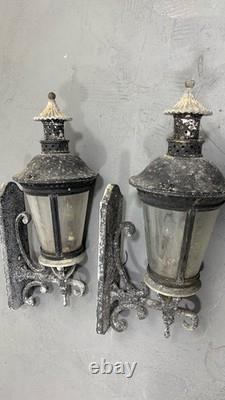 Pair Vintage Architectural French Municipal-Style Cast Iron Wall Lanterns Sconce
