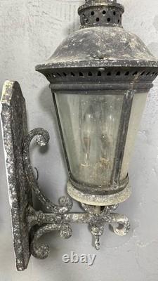 Pair Vintage Architectural French Municipal-Style Cast Iron Wall Lanterns Sconce