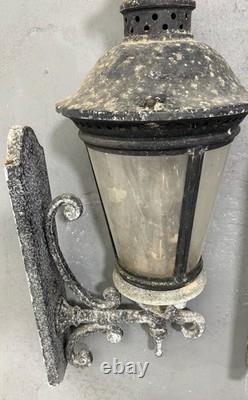 Pair Vintage Architectural French Municipal-Style Cast Iron Wall Lanterns Sconce