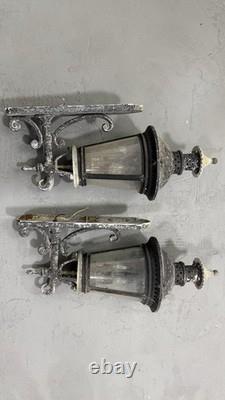 Pair Vintage Architectural French Municipal-Style Cast Iron Wall Lanterns Sconce