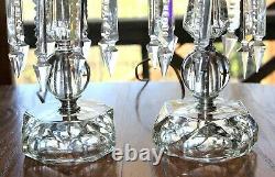 Pair Vintage Cut Glass Crystal Etched Parlor Table Lamps Prisms Boudoir Regency