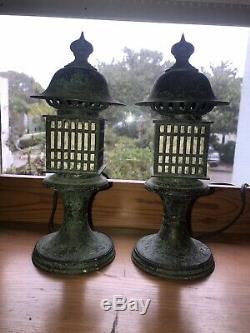 Pair Vintage Japanese Garden Bronze Tsuridoro Buddhist Lanterns Electrified