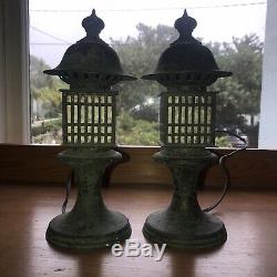 Pair Vintage Japanese Garden Bronze Tsuridoro Buddhist Lanterns Electrified