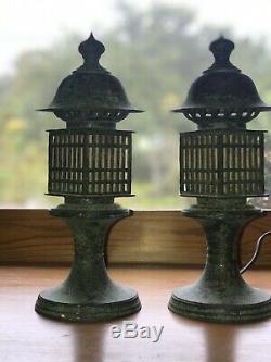 Pair Vintage Japanese Garden Bronze Tsuridoro Buddhist Lanterns Electrified