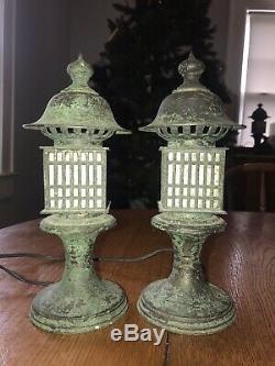 Pair Vintage Japanese Garden Bronze Tsuridoro Buddhist Lanterns Electrified