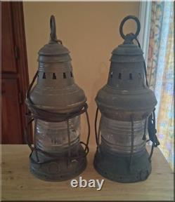 Pair Vintage Marine Ship Lanterns Fresnel Glass Nautical Maritime Antique Decor