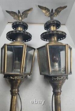Pair of Antique 1900's Georgian Revival Brass Eagle Lantern Hexagonal Glass Body