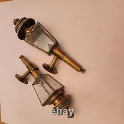 Pair of Antique Brass Carriage/Buggy Oil Lanterns with Etched Glass Rare