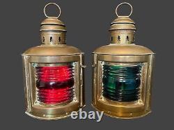 Pair of Antique Perko Ships Lanterns Red And Green Glass Globes Wedge Shape