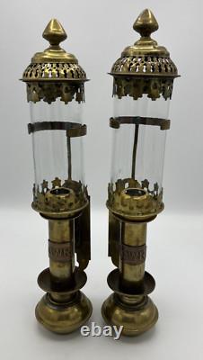 Pair of Antique Railroad GWR Oil Lantern Wall Sconce Lamp Light Fixtures Brass