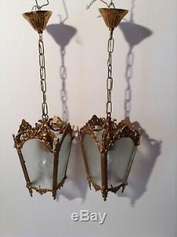 Pair of Vintage French Ornate Bronze / Brass Lantern Style Ceiling Lights