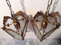 Pair of Vintage French Ornate Bronze / Brass Lantern Style Ceiling Lights