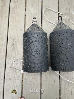 Pair of Vintage Rustic Primitive Tin Punched All Metal Electric Lantern