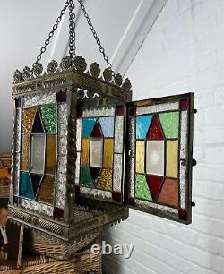 Perfect Cond Lrg Antique C19th Hall Lantern Pendant Light Stained Coloured Glass