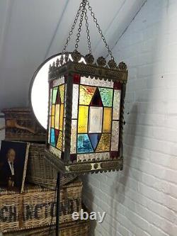 Perfect Cond Lrg Antique C19th Hall Lantern Pendant Light Stained Coloured Glass
