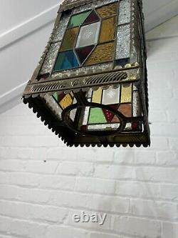 Perfect Cond Lrg Antique C19th Hall Lantern Pendant Light Stained Coloured Glass