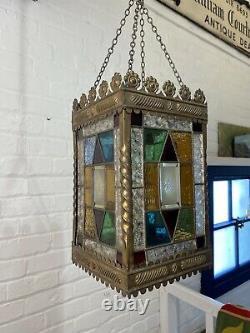 Perfect Cond Lrg Antique C19th Hall Lantern Pendant Light Stained Coloured Glass