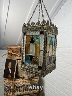 Perfect Cond Lrg Antique C19th Hall Lantern Pendant Light Stained Coloured Glass