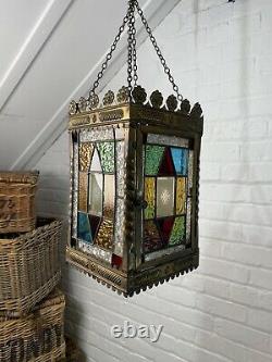 Perfect Cond Lrg Antique C19th Hall Lantern Pendant Light Stained Coloured Glass