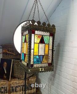 Perfect Cond Lrg Antique C19th Hall Lantern Pendant Light Stained Coloured Glass