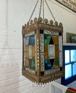 Perfect Cond Lrg Antique C19th Hall Lantern Pendant Light Stained Coloured Glass