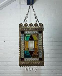 Perfect Cond Lrg Antique C19th Hall Lantern Pendant Light Stained Coloured Glass