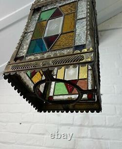 Perfect Cond Lrg Antique C19th Hall Lantern Pendant Light Stained Coloured Glass