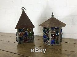 Peter Marsh Leaded Coloured Glass Lantern Arts & Crafts Lamps Vintage Antique