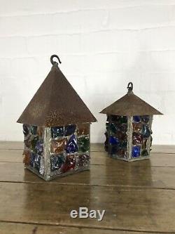 Peter Marsh Leaded Coloured Glass Lantern Arts & Crafts Lamps Vintage Antique