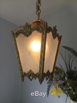 Pretty Vintage French 4 panel brass & glass Pendant Lantern Light Chandelier