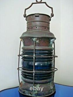 RARE 19thC Antique Marine Blue Glass SHIP LANTERN/Lamp Navigation Signal Light