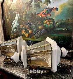 RARE set Of 2 LARGE Porcelain and Brass outdoor Lights Carriage lanterns ESTATE
