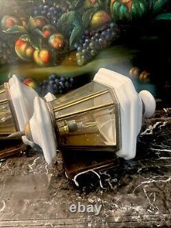 RARE set Of 2 Porcelain and Brass outdoor Lights Carriage lanterns ESTATE 18