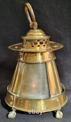 Rare Antique 18th Century Lanthorn Brass Lantern Horn Panel Windows Candle Lamp
