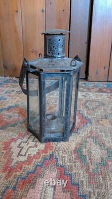 Rare Antique Early Country Metal Tin Hexagon Adjustable Candleholder Lantern 10