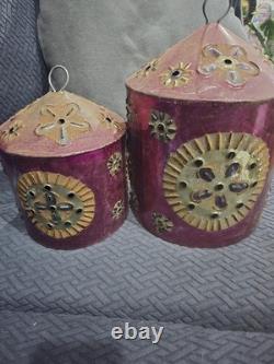 Rare Pair Of Vintage Painted Mexican Tin Lantern Covers