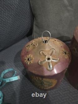 Rare Pair Of Vintage Painted Mexican Tin Lantern Covers