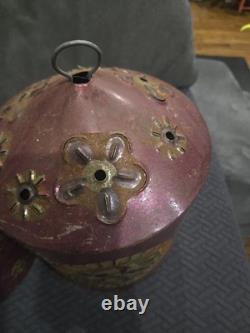 Rare Pair Of Vintage Painted Mexican Tin Lantern Covers